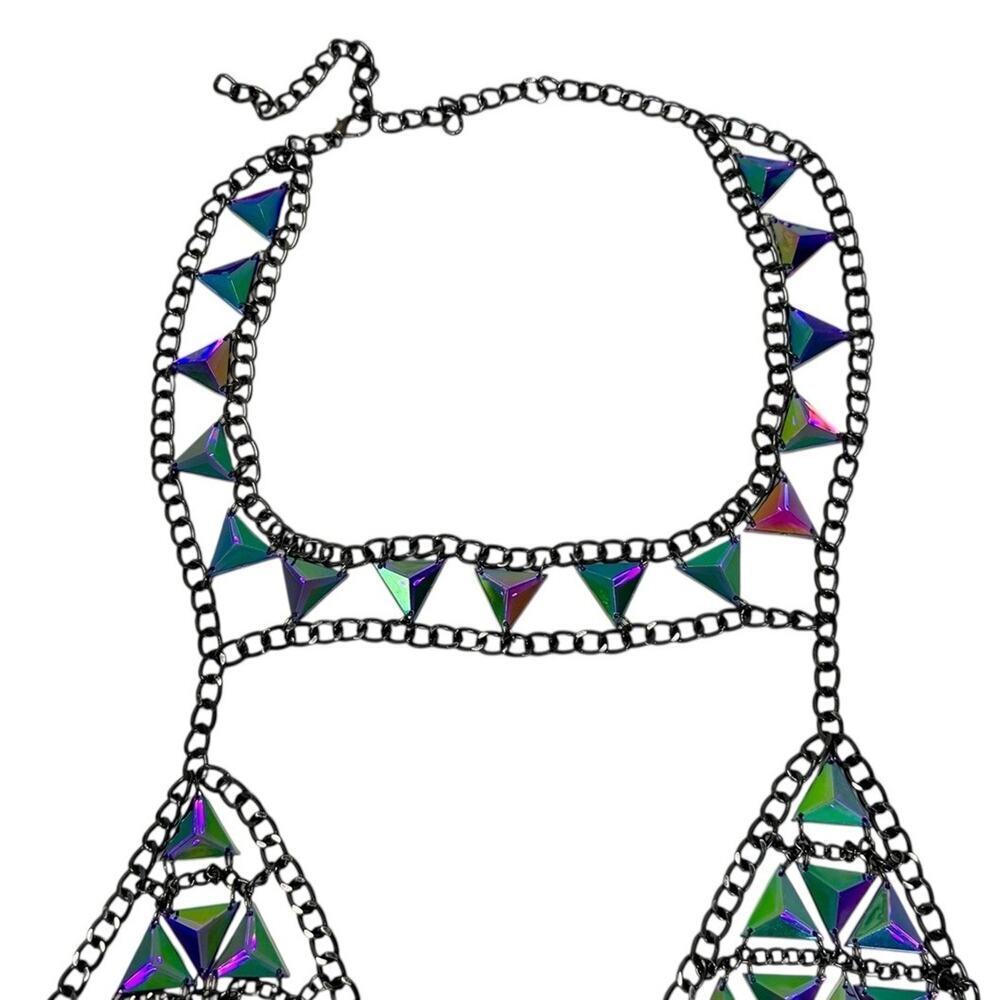 RAVE WONDERLAND DOLLS KILL Iridescent Gem Jewelry Crop Top Crystal Chain Bra - Picture 8 of 15